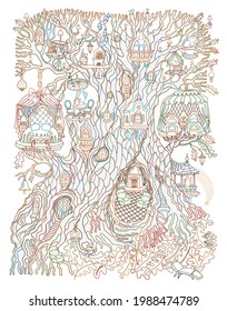 Vector hand drawn fantasy old tree with fairy tale house. Linear colorful contour sketch on a white background. Adults and children Coloring book page, quarantine isolation period concept