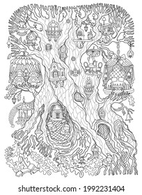 Vector hand drawn fantasy old tree with fairy tale house. Linear contour sketch black and white background. Adults and children Coloring book page, quarantine isolation period concept