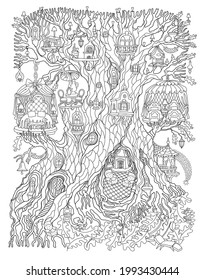 Vector hand drawn fantasy old tree with fairy tale house. Linear contour sketch black and white background. Adults and children Coloring book page, quarantine isolation period concept