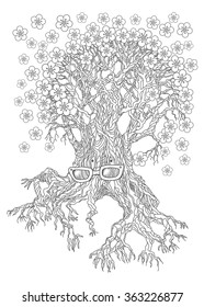 Vector hand drawn fantasy old tree-grandmother in glasses with spring flowers. May tree cartoon character. Black and white sketch . Tee-shirt print. Coloring book page. Batik paint