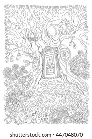 Vector hand drawn fantasy old oak tree with entrance wooden door. Black and white sketch . Tee-shirt print. Adults and children Coloring book page. Batik paint 