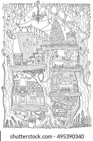 Vector hand drawn fantasy old oak tree with fairy tale house. Black and white sketch . Tee-shirt print. Adults and children Coloring book page. Batik paint. Christmas greeting, party invitation card