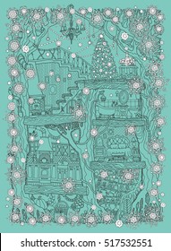 Vector hand drawn fantasy old oak tree with fairy tale house. Linear sketch.Tee-shirt print. Snowflakes frame on a light green background. New Year and Christmas greeting card, party invitation 