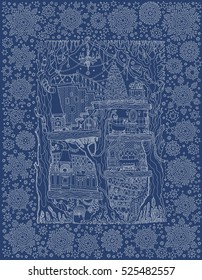 Vector hand drawn fantasy old tree with fairy tale house. Linear sketch . Tee-shirt print. White snowflakes frame on a blue background. New Year and Christmas greeting card, party invitation 