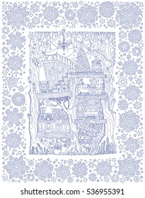 Vector hand drawn fantasy old  tree with fairy tale house.Grey blue dark linear sketch. Tee-shirt print. Snowflakes frame on a white background. New Year and Christmas greeting card, party invitation 