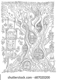 Vector hand drawn fantasy old oak tree with fairy tale house with toy furniture. Black and white sketch . Tee-shirt print. Adults and children Coloring book vertical page. Batik contour drawing