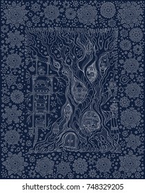Vector hand drawn fantasy old tree with fairy tale house in a frame of snowflakes. Linear white sketch on a dark indigo blue background . Tee-shirt print. New Year holiday and Christmas greeting card
