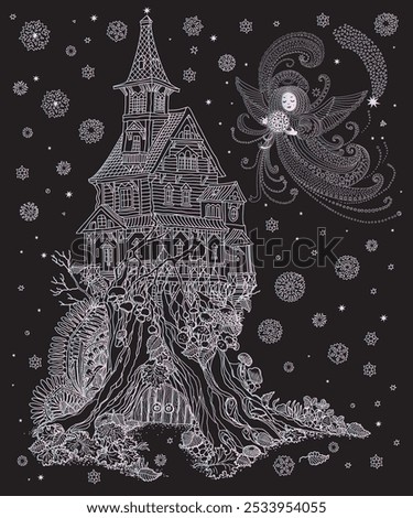 Vector hand drawn fantasy old tree stump with fairy tale house and flying Angel with star. New Year and Christmas card, invitation 