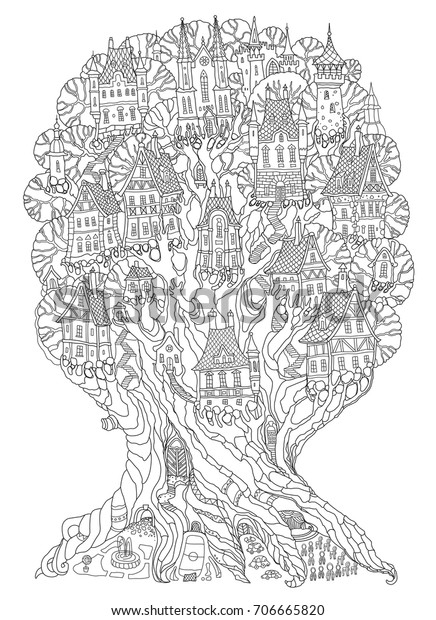 Vector hand drawn fantasy old oak tree with\
fairy tale houses, castles and palaces. Black and white contour\
drawing. Tee-shirt print. Adults and children Coloring book\
vertical page. Batik\
template