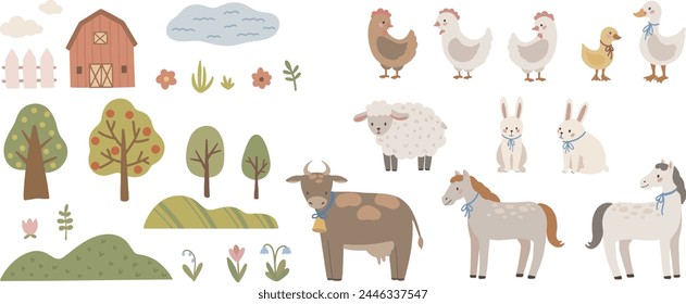 Vector hand drawn farm animals, trees, flowers. hand drawn cute kids background, vintage retro pallete