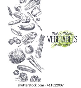 Vector hand drawn farm market Illustration. Vintage style. Retro organic food background. Locally grown sketch