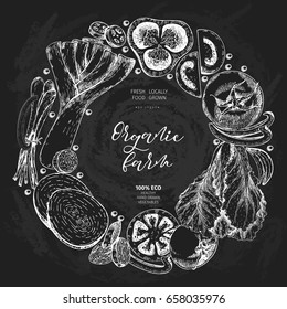 Vector hand drawn farm vegetables. Round border composition. Tomato, onion, cabbage, pepper, leek. Chalkboard style. Organic vegetarian sketches. restaurant, menu grocery market store party meal