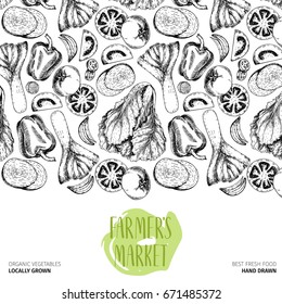 Vector hand drawn farm vegetables. Pattern border composition. Tomato, onion, cabbage, pepper, leek. Engraved art. Organic sketched vegetarian objects. restaurant, menu grocery market store party meal