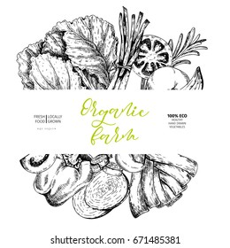 Vector hand drawn farm vegetables. Round border composition. Tomato, onion, cabbage, pepper, leek. Engraved art. Organic sketched vegetarian objects. restaurant, menu grocery market store party meal