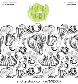 Vector hand drawn farm vegetables. Pattern border composition. Tomato, onion, cabbage, pepper, leek. Engraved art. Organic sketched vegetarian objects. restaurant, menu grocery market store party meal