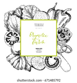 Vector hand drawn farm vegetables. Square border composition. Tomato, onion, cabbage, pepper, leek. Engraved art. Organic sketched vegetarian objects. restaurant, menu grocery market store party meal