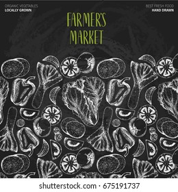 Vector hand drawn farm vegetables. Pattern border composition. Tomato, onion, cabbage, pepper, leek. Chalkboard style. Organic vegetarian sketches. restaurant, menu grocery market store party meal
