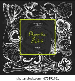 Vector hand drawn farm vegetables. Square border composition. Tomato, onion, cabbage, pepper, leek. Chalkboard style. Organic vegetarian sketches. restaurant, menu grocery market store party meal