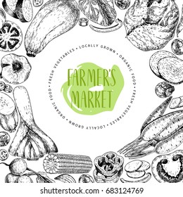 Vector hand drawn farm vegetables. Round border composition. Tomato, onion, cabbage, pepper and leek. Engraved art. Organic sketched vegetarian objects. 