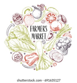 Vector hand drawn farm vegetables. Round border composition. Tomato, onion, cabbage, pepper, leek. Engraved art. Organic sketched vegetarian objects. restaurant, menu grocery market store party meal