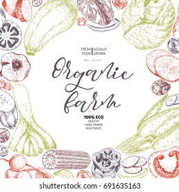 Vector hand drawn farm vegetables. Round border composition. Tomato, onion, cabbage, pepper, leek. Engraved art. Organic sketched vegetarian objects. restaurant, menu grocery market store party meal
