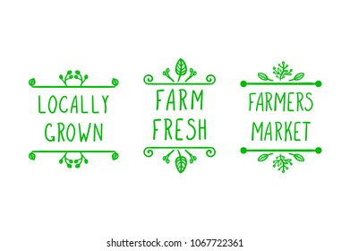 Vector Hand Drawn Farming Icons, Doodle Floral Frames and Handwritten Letters: Farmers Market, Locally Grown and Farm Fresh.