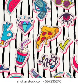 Vector hand drawn fashion background: diamond, hand, watermelon, pepper, revolver, speech cloud, coffee on black and white striped seamless pattern. Modern pop art stickers badge 80s-90s style