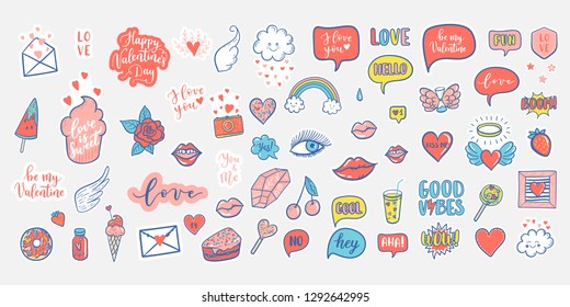 Vector hand drawn fashion elements for wedding, Valentine's Day, love prints background. Labels, speech bubble, heart, arraw, wings, flowers set
