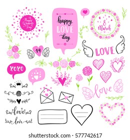 Vector hand drawn fashion elements for Happy Valentines Day. Labels, speech bubble, heart, arraw, wings, flowers set