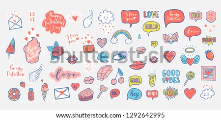 Vector hand drawn fashion elements for wedding, Valentine's Day, love prints background. Labels, speech bubble, heart, arraw, wings, flowers set