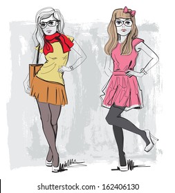 vector hand drawn fashion girl