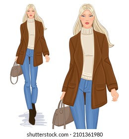 Vector hand drawn fashion illustration of a beautiful young blonde woman in a winter outfit.
Fashion model, isolated on white background.