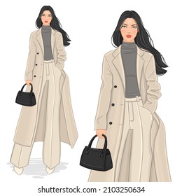 Vektorhandgezeichnete Mode-Illustration einer schönen jungen Frau in einem Winteroutfit.
Modemodell einzeln auf weißem Hintergrund.