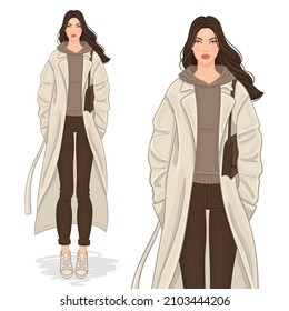 Vector Hand Drawn Fashion Illustration Of A Beautiful Young Woman In A Winter Outfit.
Fashion Model, Isolated On White Background.
