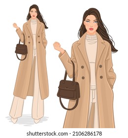 Vector hand drawn fashion illustration of a beautiful young woman in a winter outfit.
Fashion model, isolated on white background.
