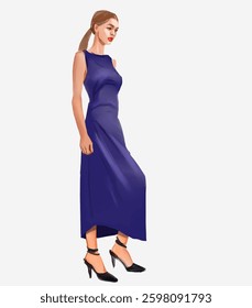 Vector hand drawn fashion illustration of a beautiful girl in a blue dress, heels, isolated. Stylish look Trendy style female character. Fashionable image Creative cartoon art for trendy design Eps 10