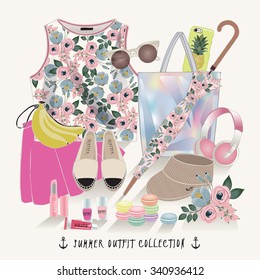 Vector of hand drawn fashion illustration. A set of summer outfit collection with accessories and flowers.