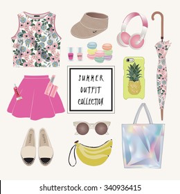 Vector of hand drawn fashion illustration. A set of summer outfit collection with accessories and flowers.