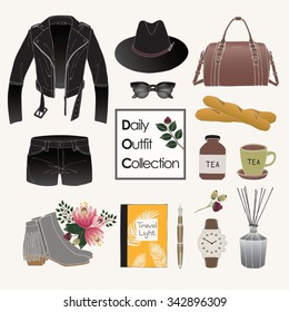 Vector of hand drawn fashion illustration. A set of daily outfit collection with accessories and flowers.