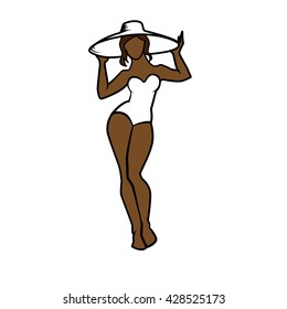 Vector hand drawn fashion illustration - plus size model woman. Fashion logo with overweight young african american girl in elegant swimming suit. Summer concept. Beautiful curvy body icon design