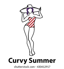 Vector hand drawn fashion illustration    plus size model woman  Fashion logo and overweight young girl in elegant swimwear  Summer vacation concept  Beautiful XL curvy body icon design 