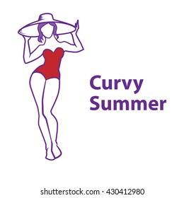Vector hand drawn fashion illustration - plus size model woman. Fashion logo with overweight young girl in elegant swimwear. Summer vacation concept. Beautiful XL curvy body icon design.
