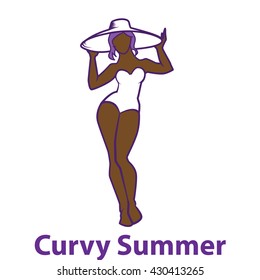 Vector hand drawn fashion illustration - plus size model, african american woman. Fashion logo with overweight young girl in elegant swimwear. Summer vacation concept. Beautiful XL curvy body icon.