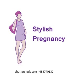 Vector hand drawn fashion illustration - stylish pregnancy and maternity. Pregnant model woman. Abstract logo with young woman silhouette in elegant dress. Fashion lifestyle catwalk of future mother.