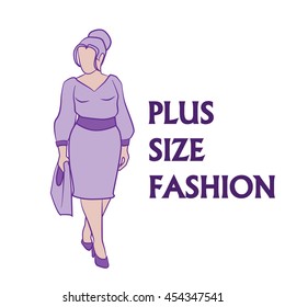 Vector hand drawn fashion illustration - plus size model woman. Fashion logo with overweight young girl in elegant dress. Beautiful curvy body icon design XL plus size model, fashion lifestyle catwalk