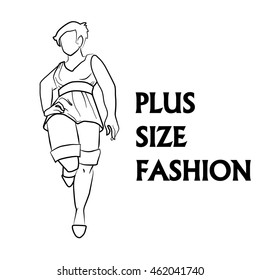 Vector hand drawn fashion illustration - plus size model woman. Black and white fashion logo with overweight young girl in elegant dress. Beautiful curvy body icon design