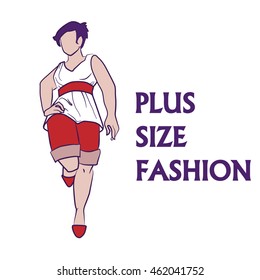 Vector hand drawn fashion illustration - plus size model woman. Fashion logo with overweight young girl in elegant dress. Beautiful curvy body icon design XL plus size model, fashion lifestyle catwalk