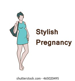 Vector hand drawn fashion illustration - stylish pregnancy and maternity. Pregnant model woman. Abstract logo with young woman silhouette in elegant dress. Fashion lifestyle catwalk of future mother.