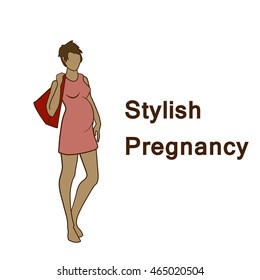 Vector hand drawn fashion illustration - stylish pregnancy and maternity. Pregnant African American model woman. Abstract logo with young woman silhouette in elegant dress. Fashion for future mother.