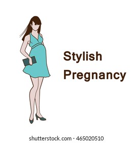 Vector hand drawn fashion illustration - stylish pregnancy and maternity. Pregnant model woman. Abstract logo with young woman silhouette in elegant dress. Fashion lifestyle catwalk of future mother.